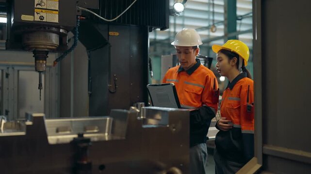 Technicians at Work in Industrial Facility: Two diligent technicians, clad in safety attire, collaborate with a tablet, managing operations amidst advanced machinery in a modern industrial facility. 