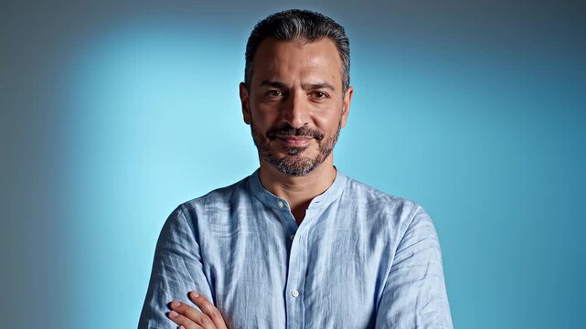 Portrait of a man with arms crossed against blue background