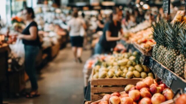 Blurred background of people shopping for fresh fruit at a market