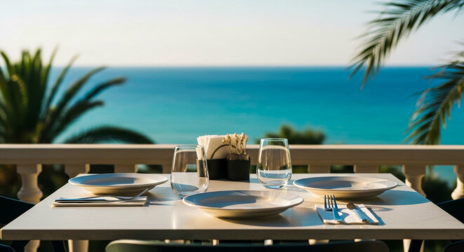 Ocean terrace restaurant table at sunset for vacation luxury dining with seaside resort view