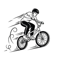 Fototapeta premium A young bmx rider in motion, performing a trick on a bike with motion lines, conveying a sense of speed and action on a white background