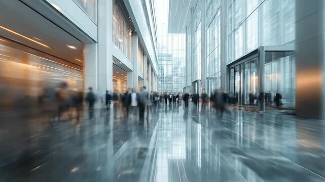 Blurred motion of business people walking through a modern corporate building