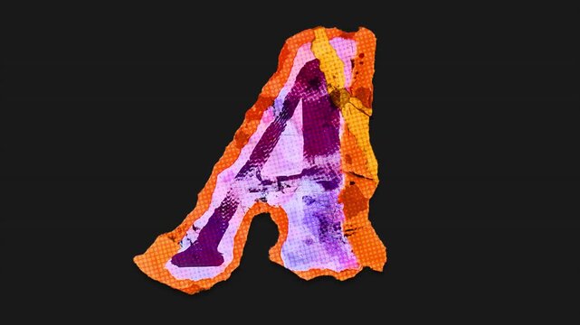 A drag and drop vibrant and brightly coloured typographic letter with alpha, in a torn creased up paper and card punk style that folds out in to place with worn aged effects and paper tears.
