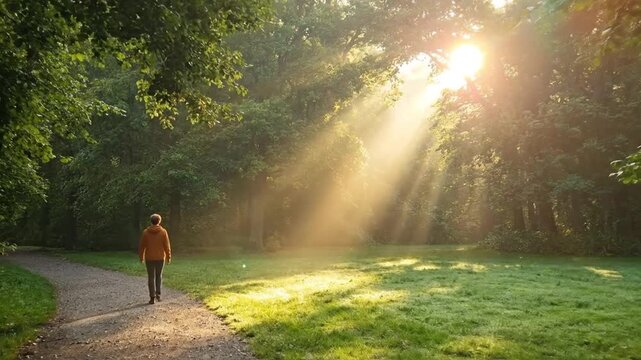 Golden sunbeams pierce through a lush forest, illuminating a person walking on a winding path. Serene morning light.
