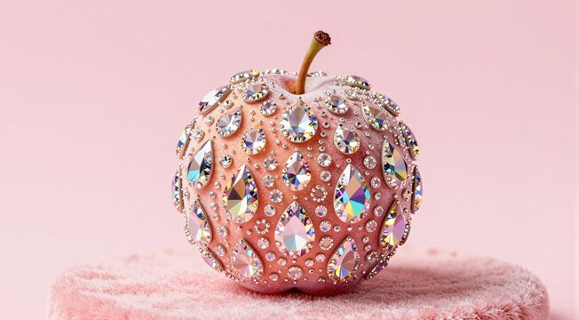 Decorative pink apple with sparkling rhinestones on soft pink background