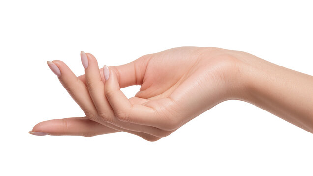 Isolated elegant female hand showing delicate gesture with beautiful perfect nude manicure