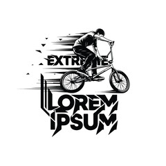 Naklejka premium A black and white illustration of a person riding a BMX bike wearing a tshirt with extreme text in a dynamic graphic design