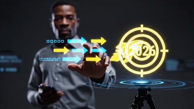 Professional African American man interacts with a holographic interface, visualizing strategic business growth, setting 2026 targets, and accelerating startup progress.