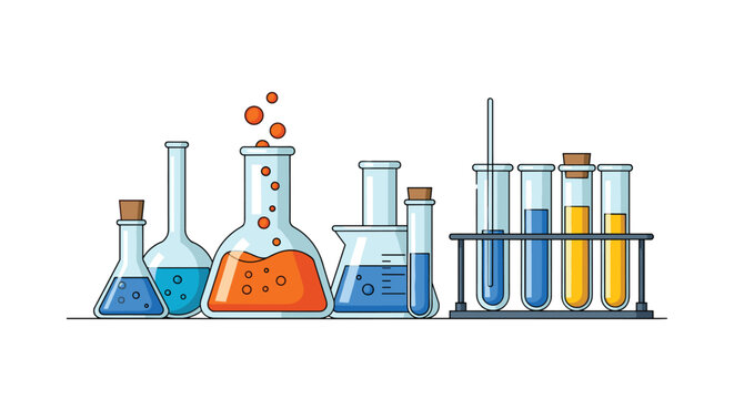 A collection of various laboratory glassware including beakers with bubbling liquids and test tubes with colorful solutions is displayed.