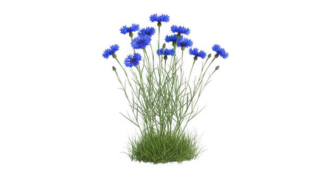 Vibrant blue cornflowers blooming in wild grass field with soft natural lighting for spring nature backgrounds