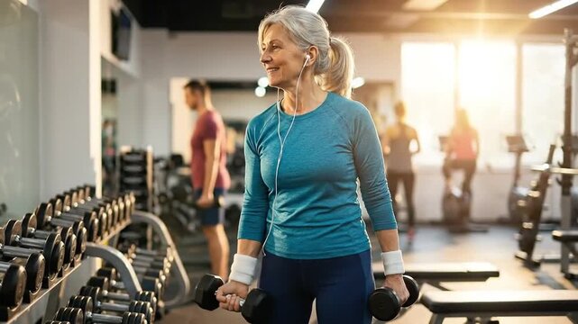 Smiling senior woman working out with dumbbells in a bright modern gym, embracing a healthy and active lifestyle