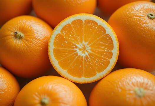 Half Peeled Orange Among Whole Oranges Close Up