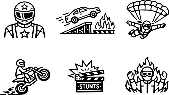 Extreme stunts action danger adrenaline line icons. Vector