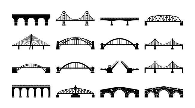a set of black and white illustrations of different bridge types and designs, including arch, beam, suspension, and truss bridges, useful for architecture, engineering, or urban planning concepts