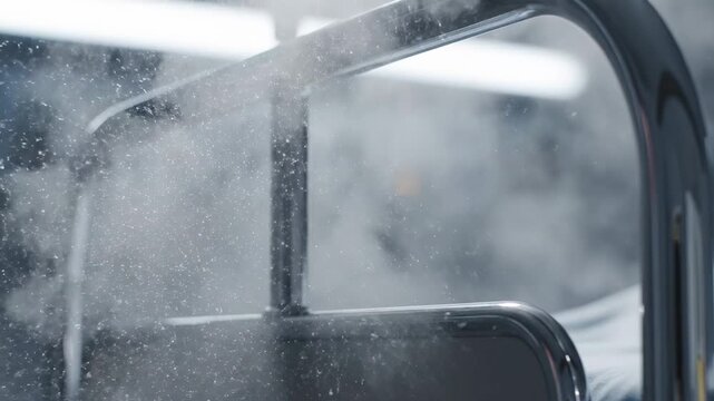 Sanitizing procedure with atomizer spray inside public transportation vehicle for virus and bacteria elimination process in white and gray tones