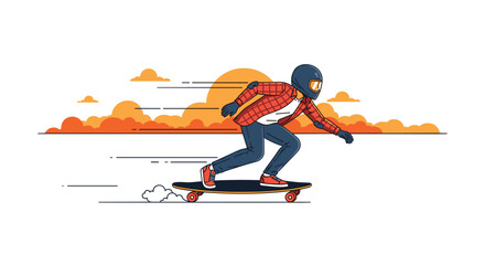 Fototapeta premium A male skateboarder in a blue helmet and plaid shirt is speeding across a flat surface with an orange sunset and clouds in the background.