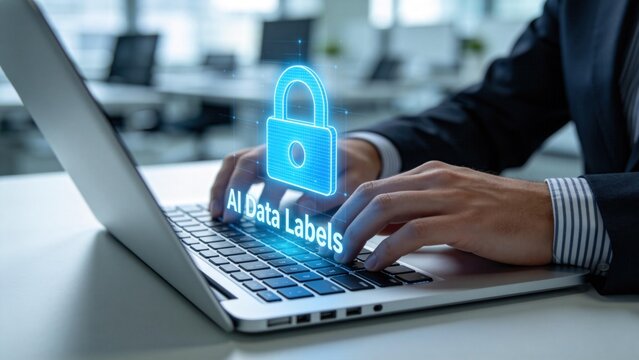 AI data labels security lock concept over laptop keyboard,artificial intelligence dataset protection and machine learning privacy compliance for secure digital workflow