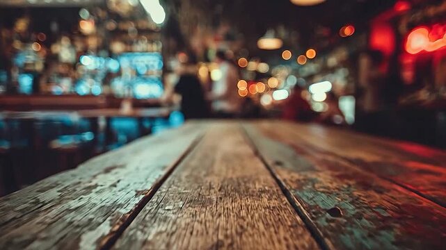 Rustic wooden table surface with a blurred bar background and warm bokeh lights