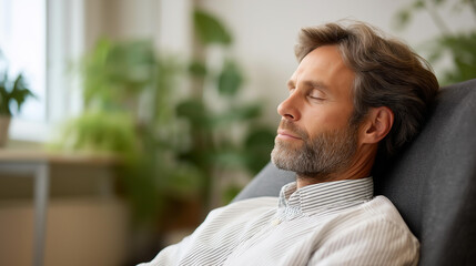 Obraz premium Faceless man seated in a comfortable psychotherapist chair in a calm clinical room, therapy office with plants behind, man therapy session, psychotherapy room, mental health male, clinical