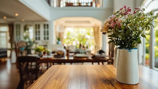 Empty wooden table surface with a vase of flowers in a bright, spacious home