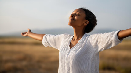 Faceless Black woman standing in an open field with arms wide open, head tilted upward, soft natural landscape behind, freedom and happiness, mental health outdoors, joy concept, breathing fresh