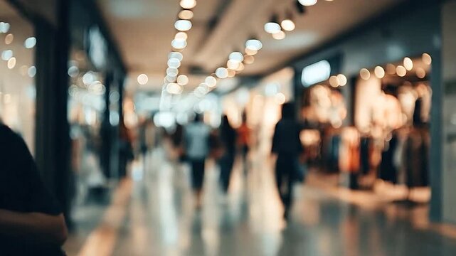 Blurred background of people walking in a modern shopping mall with bright
