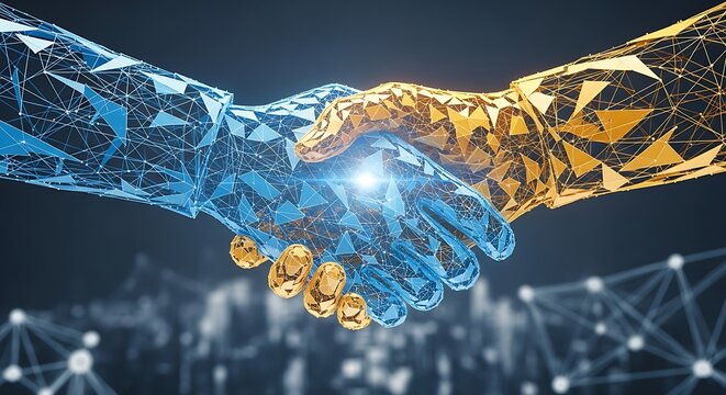 Digital handshake with interconnected networks symbolizing partnership and technology