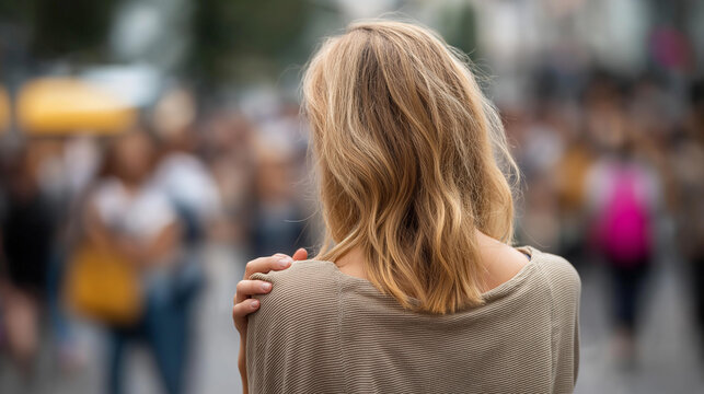 Faceless woman in a crowd on a busy city street, posture suggesting fear or anxiety, surrounded by faceless people, urban street behind, panic attack public, anxiety disorder, agoraphobia