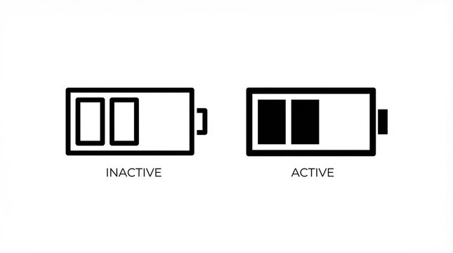 Battery icons showing active and inactive states, outlined and filled rectangles, black and white vector design, energy status indicators, modern minimal UI/UX interface symbols.