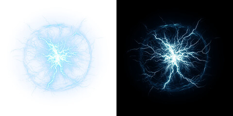 Electric blue lightning arc electricity thunderstorm plasma overlay on contrasting black and white...