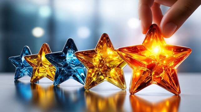 Satisfaction client : gros plan d'une main posant une 5e &eacute;toile en verre scintillante &agrave; c&ocirc;t&eacute; de quatre &eacute;toiles translucides. Concept d'avis en ligne, feedback et excellence du service