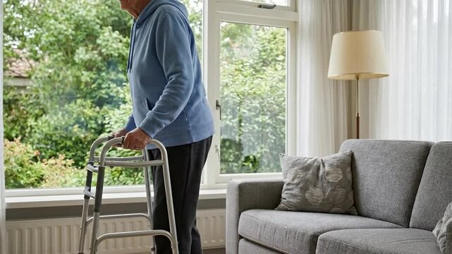 Elderly person using a walker in a bright home living room, looking out a window
