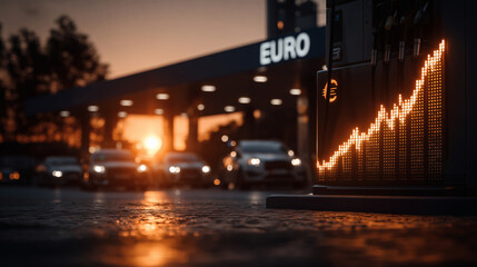 Cars at fuel station with euro sign and rising graph at sunset - concept of fuel price increase, energy crisis and inflation in Europe