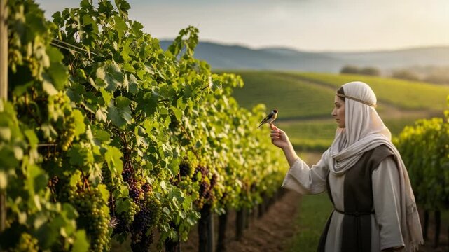 Woman in historical clothing standing in vineyard with bird on her finger. Biblical scene depicting humble grace and connection with nature in rural landscape.