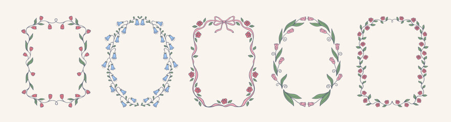 Set of coquette floral hand drawn frame with beautiful flowers, leaves, bow and ribbons in whimsical lines. Spring summer elegant vintage border perfect for wedding, invitation, greeting cards. © Anna Bova