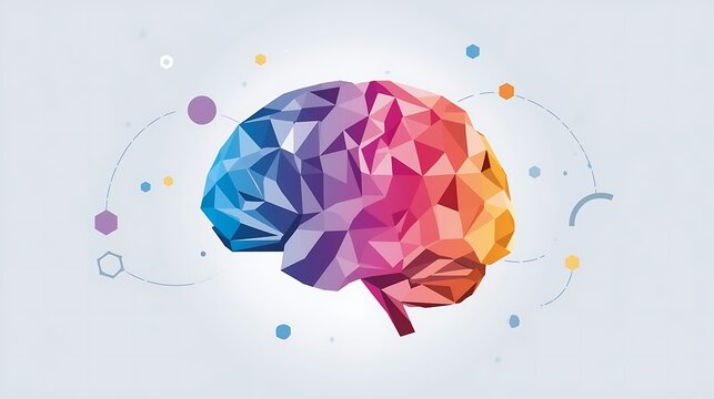 Vibrant brain illustration with colorful geometric shapes and creative design