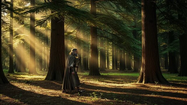 Bearded man walking in forest with wooden staff. Biblical shepherd traverses ancient pine woods. Spiritual pilgrimage in nature with sunlight god ray illumination.