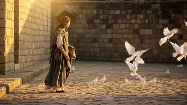 Woman wearing ancient clothes feeding white doves in stone courtyard. Biblical scene of faithful lady scattering grain to birds during golden hour sunrise light.