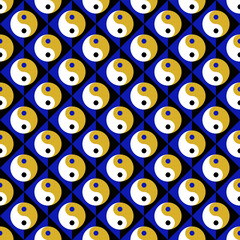 Fototapeta premium Seamless geometric pattern with yin yang symbols creating optical drift illusion. Abstract repeating background with hypnotic motion effect.