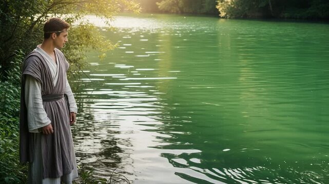 Man standing by a river watching a fish swim in the water. Biblical scene of a fisherman in traditional robe near the shore. Spiritual contemplation landscape.