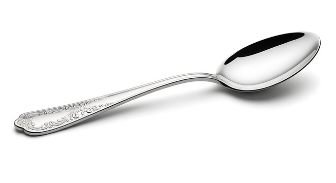 Silver Spoon Tableware with Ornate Handle Isolated on White Background.
