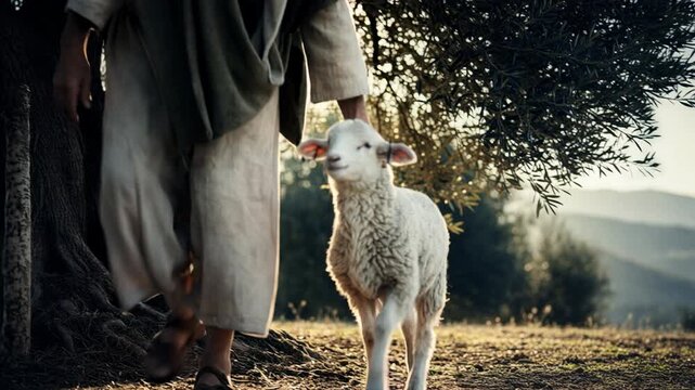Elderly man shepherd in ancient clothing petting a lamb under an olive tree. Biblical scene of a caregiver with animal in nature. Religion and faith concept.