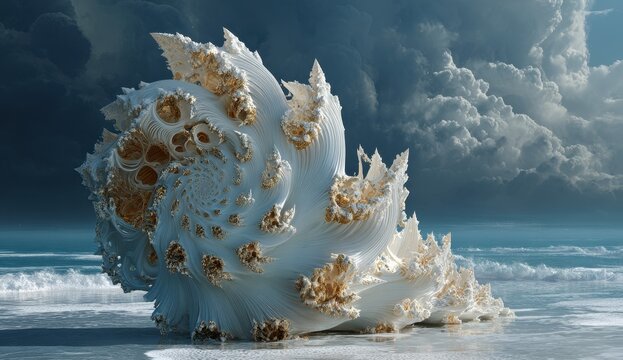 Giant Seashell on Shoreline - Surreal Beachscape with Dramatic Clouds and Ocean.
