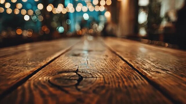 Close-up of a rustic wooden table with a blurred bokeh background