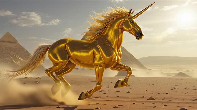 Golden unicorn running fast in a vast desert landscape