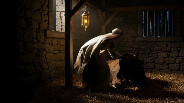 Biblical woman touching brown ox inside wooden stable. Nativity scene with vintage lantern lighting. Spiritual historical setting for Christian holiday celebration.