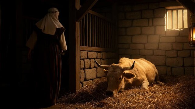 Young woman with traditional garment caressing ox in wooden stable. Biblical nativity scene with animal at night. Religious historical drama storytelling concept.