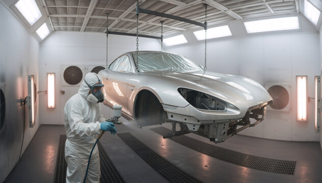 Auto mechanic in protective suit spray painting a silver car. Professional worker using a pneumatic gun in an industrial paint booth. Automotive repair and detailing