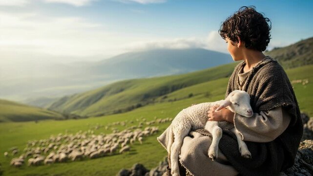 Young shepherd boy holding a lamb in a mountain pasture. Biblical historic scene inspired by religious stories. Concept of pastoral life and nature connection.