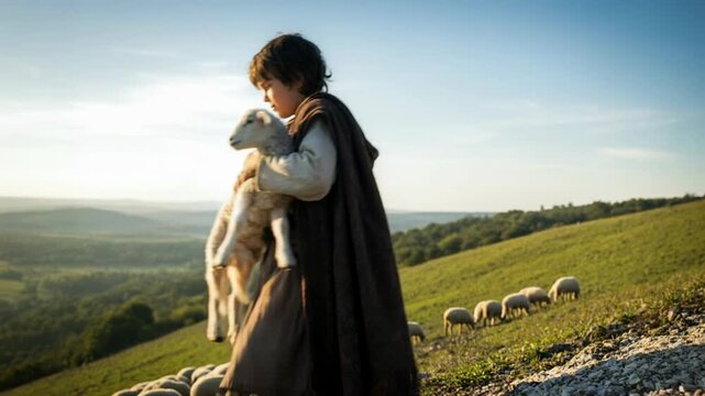 Young shepherd boy holding a lamb in a field. Biblical scene of a child herder caring for his flock in nature. Traditional pastoral life religious concept.